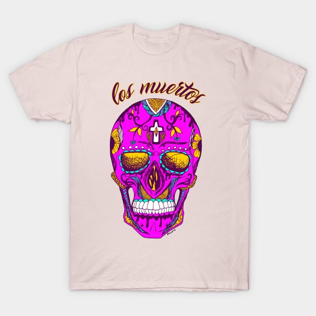 Neon Pink Los Muertos Skull T-Shirt by kenallouis